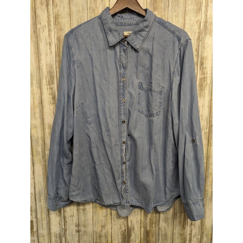 Style & Co Women's Lyocell Chambray Button Up Shirt Blue Roll Tab Sleeve Large